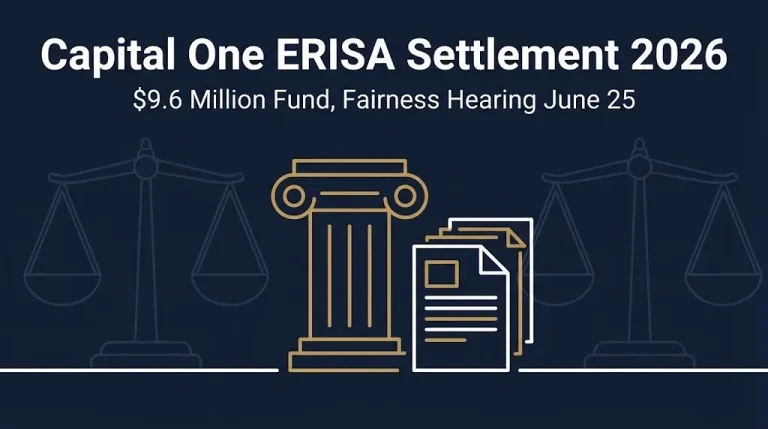 Hero banner for the Capital One ERISA settlement 2026 showing the $9.6 million fund and June 25 hearing date