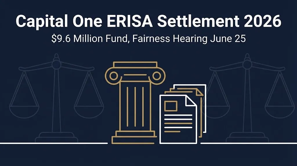 Hero banner for the Capital One ERISA settlement 2026 showing the $9.6 million fund and June 25 hearing date
