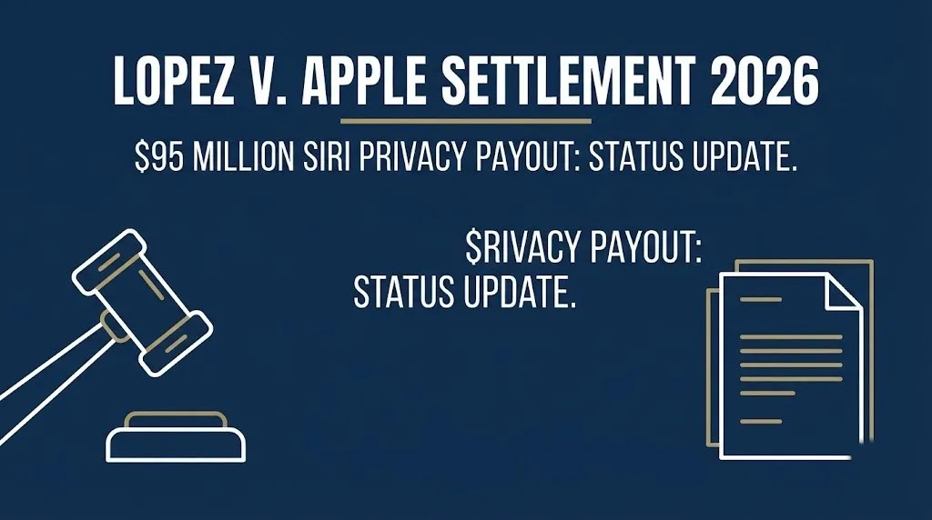 Hero banner for the Lopez v. Apple settlement 2026 article showing the $95 million Siri privacy payout status update.