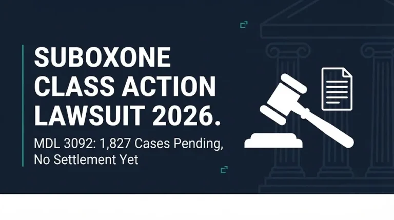 Hero banner for the Suboxone class action lawsuit 2026 showing MDL 3092 has 1,827 pending cases and no settlement.