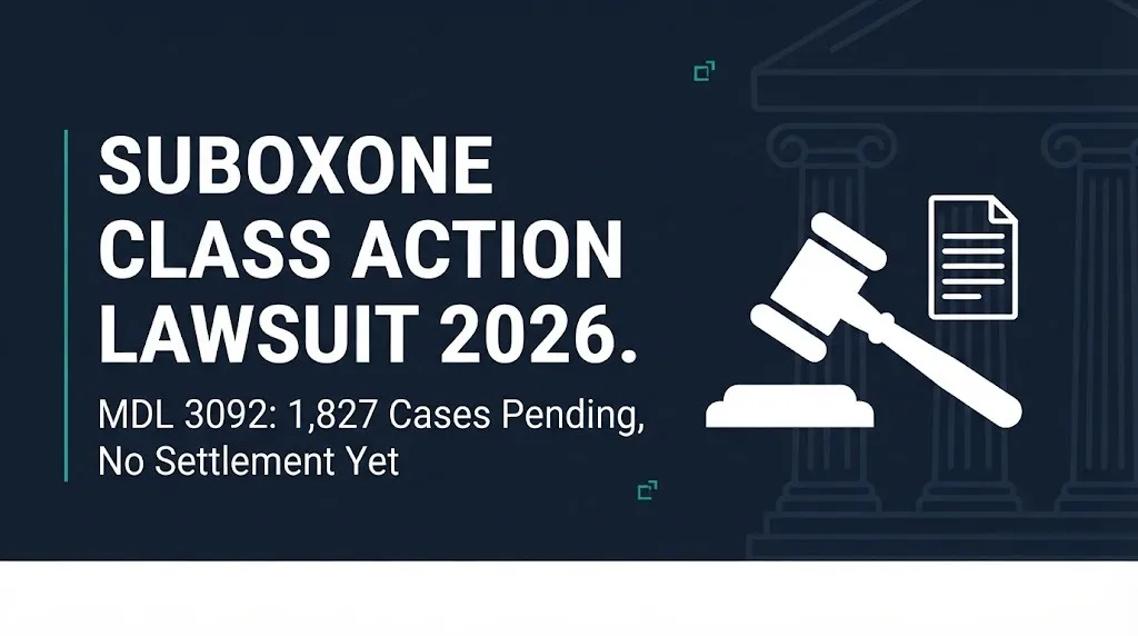 Hero banner for the Suboxone class action lawsuit 2026 showing MDL 3092 has 1,827 pending cases and no settlement.