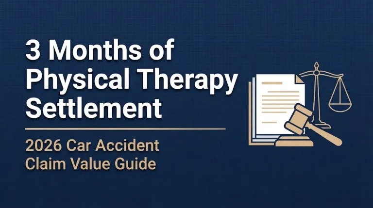 Hero banner showing the headline 3 Months of Physical Therapy Settlement with a 2026 car accident claim value guide subheading.