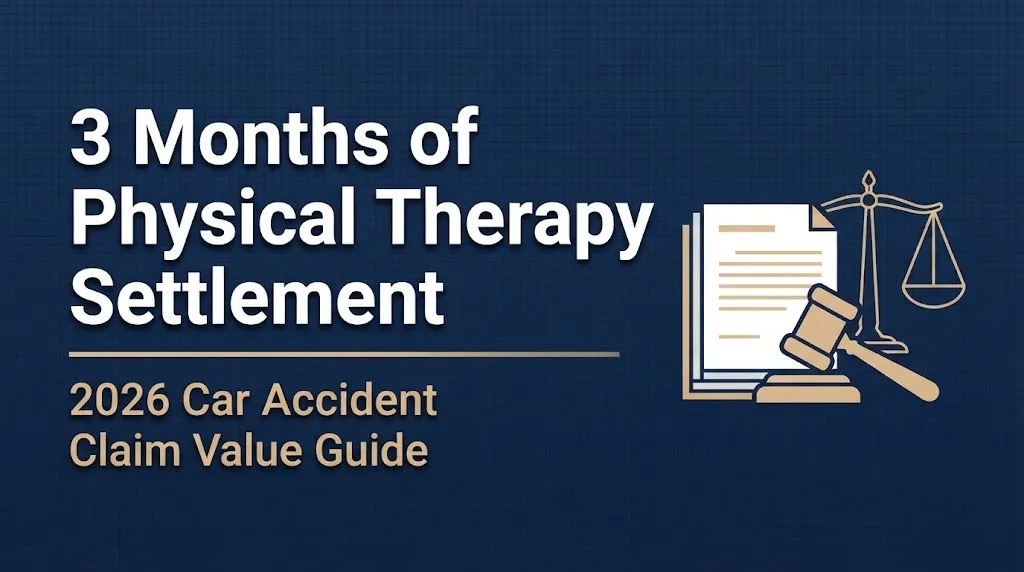 Hero banner showing the headline 3 Months of Physical Therapy Settlement with a 2026 car accident claim value guide subheading.