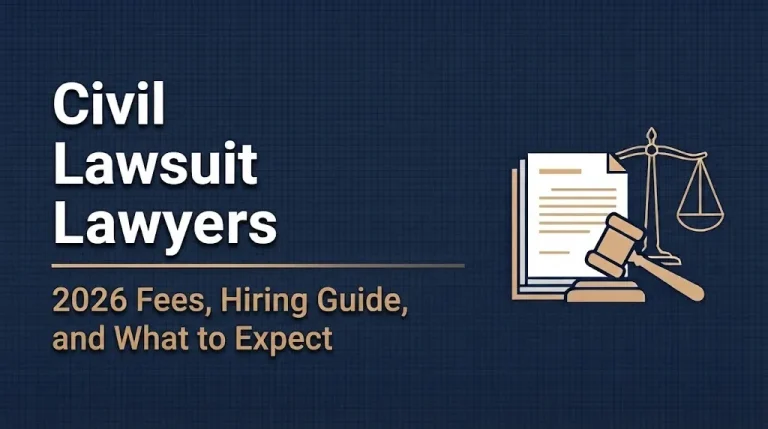 Hero banner showing the headline Civil Lawsuit Lawyers with a 2026 fees and hiring guide subheading.