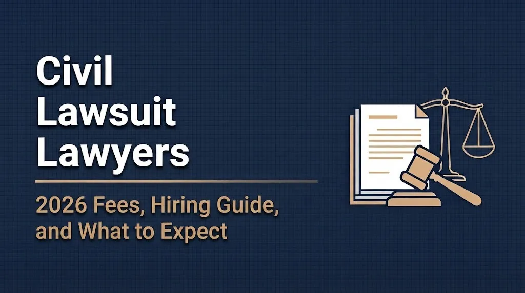 Hero banner showing the headline Civil Lawsuit Lawyers with a 2026 fees and hiring guide subheading.