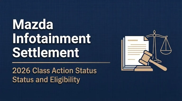 Hero banner showing the headline Mazda Infotainment Settlement with a 2026 class action status subheading.