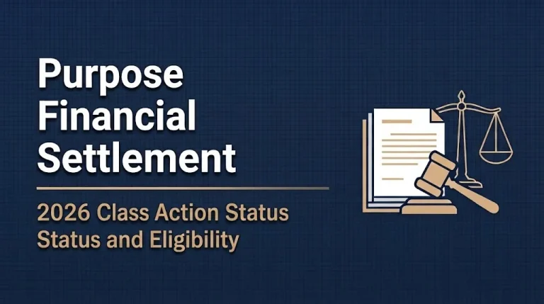Hero banner showing the headline Purpose Financial Settlement with a 2026 class action status subheading.
