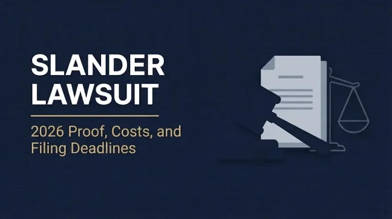 Hero banner showing the headline Slander Lawsuit with a 2026 proof and filing deadlines subheading.