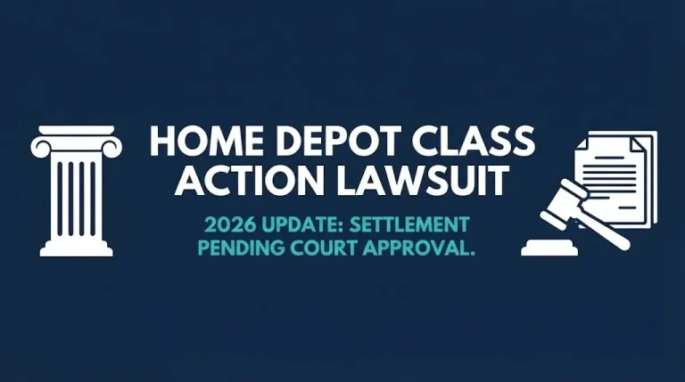 Home Depot class action lawsuit 2026 banner showing settlement is pending court approval with no active claim form yet.