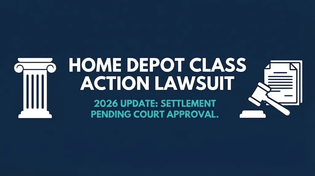 Home Depot class action lawsuit 2026 banner showing settlement is pending court approval with no active claim form yet.