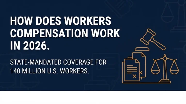How does workers compensation work 2026 hero banner showing coverage basics and state-mandated system facts.