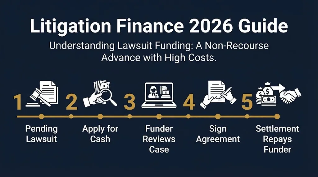 How litigation funding works in five steps from pending lawsuit to settlement repayment.