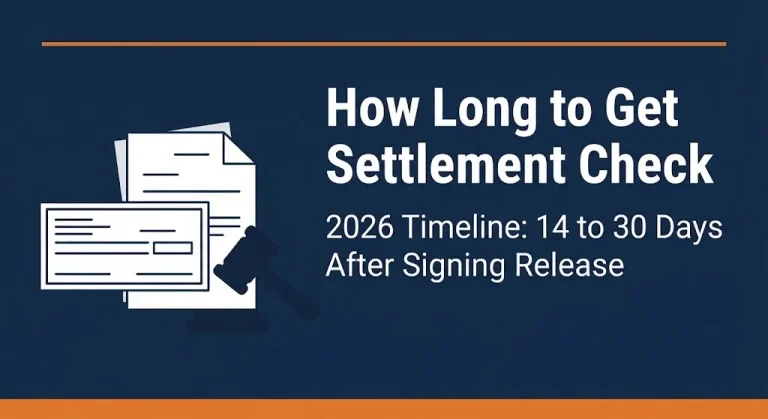How long to get settlement check after signing release 2026 timeline banner with check and gavel illustration.