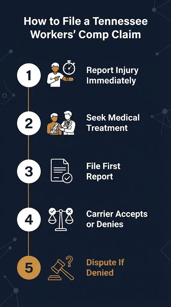 How to file Tennessee workers compensation claim steps showing report injury, treatment, and dispute process.