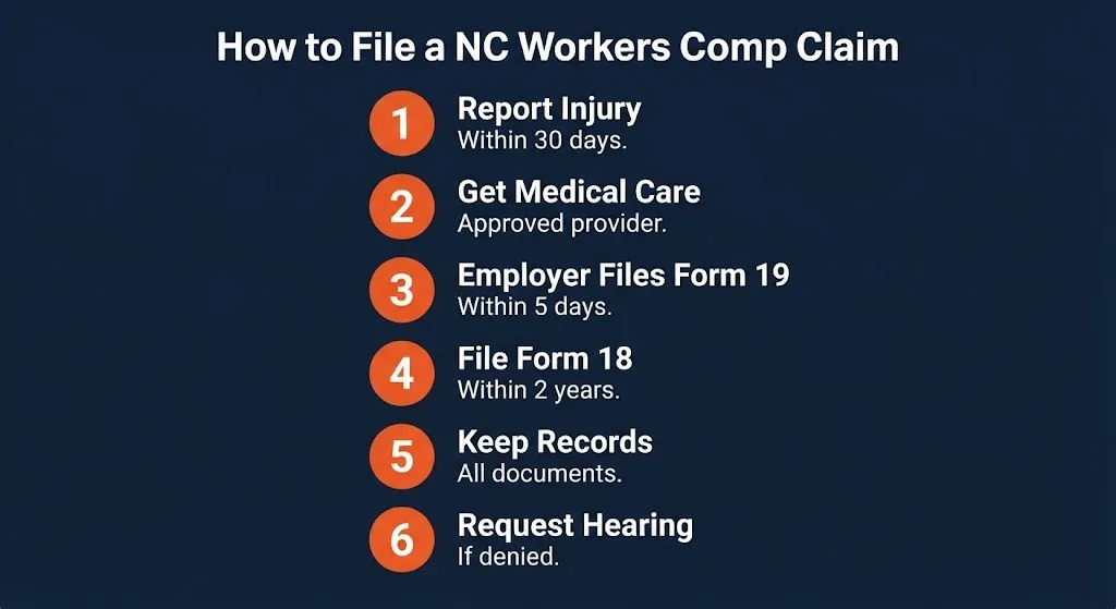 How to file a North Carolina workers comp claim graphic showing six steps from report to hearing.