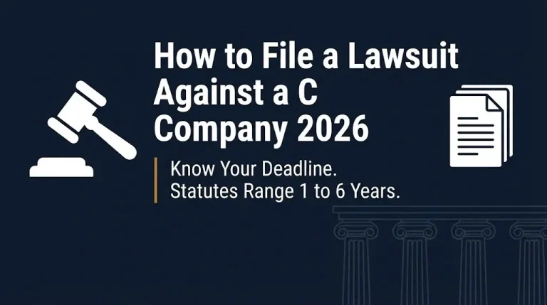 How to file a lawsuit against a company 2026 banner showing statute of limitations range from one to six years.