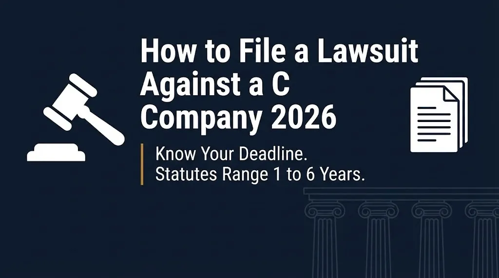 How to file a lawsuit against a company 2026 banner showing statute of limitations range from one to six years.
