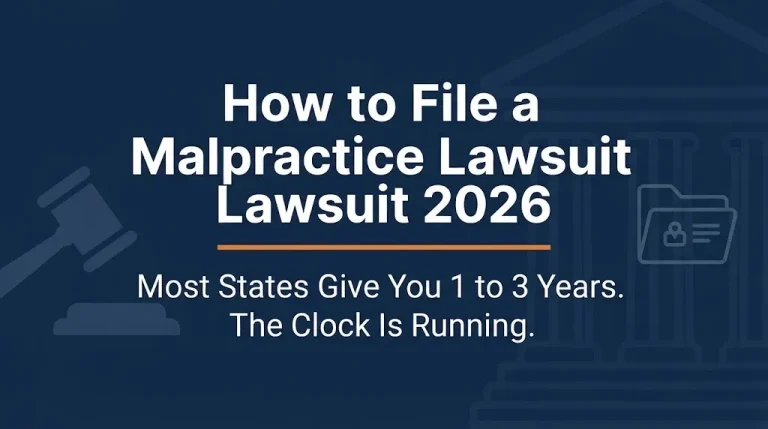 How to file a malpractice lawsuit 2026 banner showing one to three year deadline with legal and medical icons on navy background.