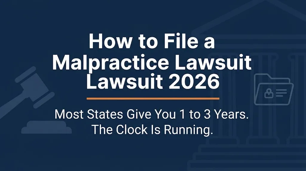 How to file a malpractice lawsuit 2026 banner showing one to three year deadline with legal and medical icons on navy background.