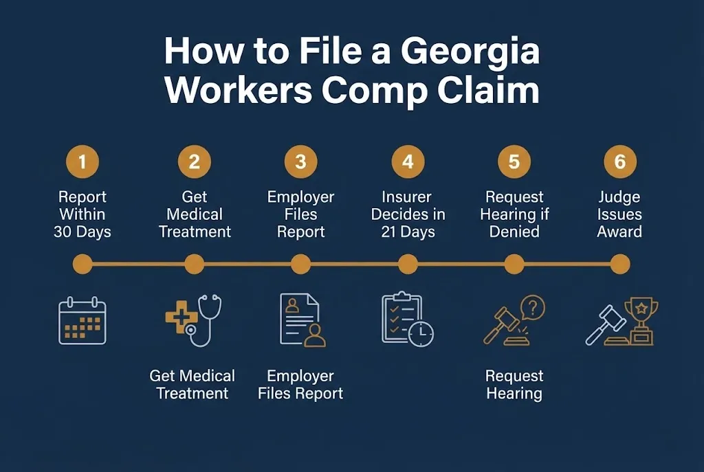 How to file a workers compensation claim in Atlanta Georgia six step graphic.