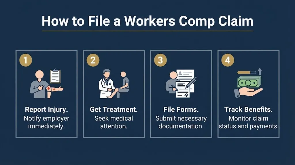 How to file a workers compensation claim in four steps from reporting injury to tracking benefits.