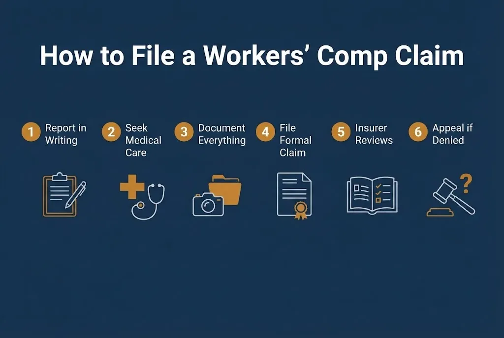 How to file a workplace injury compensation claim in six steps graphic.