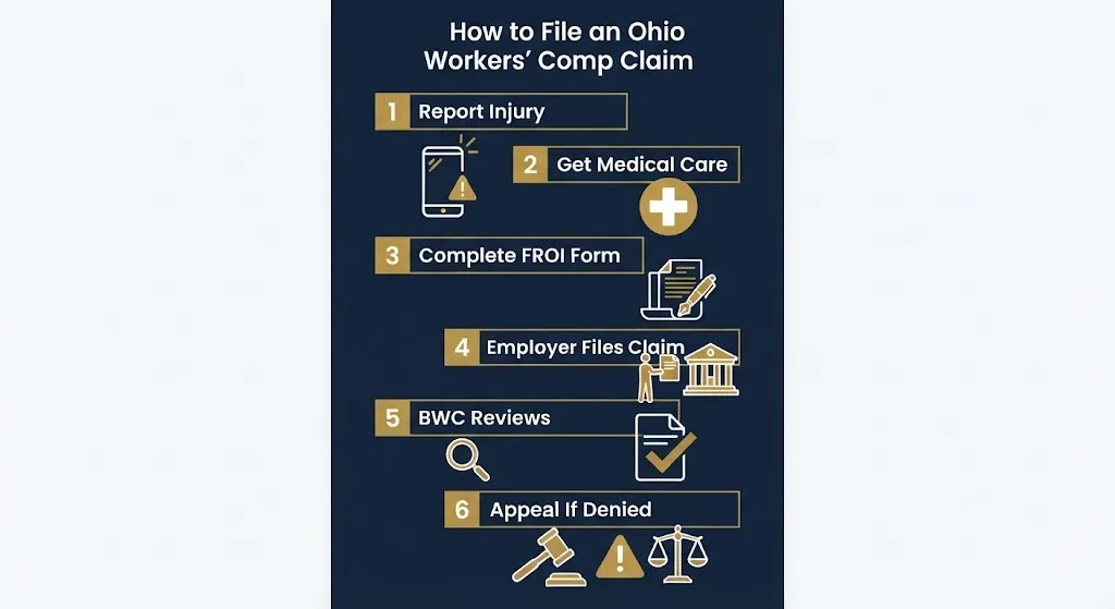 How to file an Ohio workers comp claim infographic showing six steps from reporting injury to appeal.