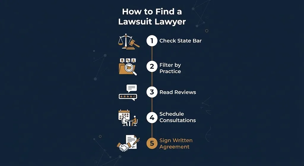 How to find a lawsuit lawyer steps showing state bar check, reviews, and consultations.
