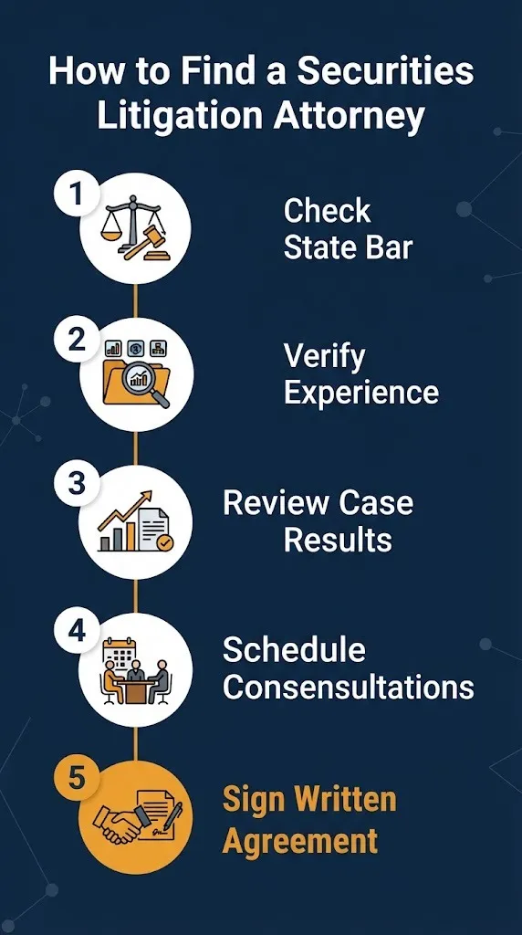 How to find a securities litigation attorney steps showing bar check, experience review, and consultations.