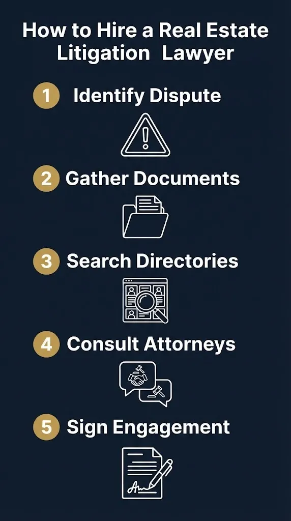 How to hire a real estate litigation lawyer infographic showing five steps from identifying dispute to signing engagement.