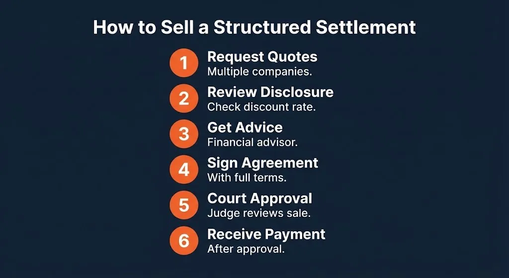 How to sell a structured settlement graphic showing six steps from quotes to payment.