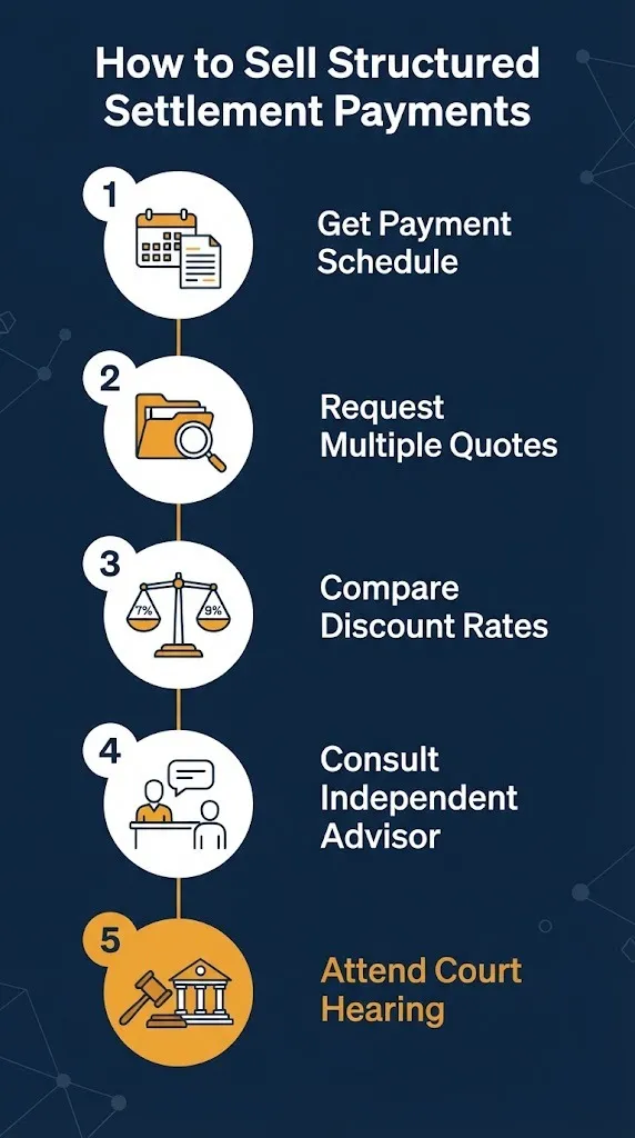How to sell structured settlement payments steps showing quotes, discount rate comparison, and court hearing.