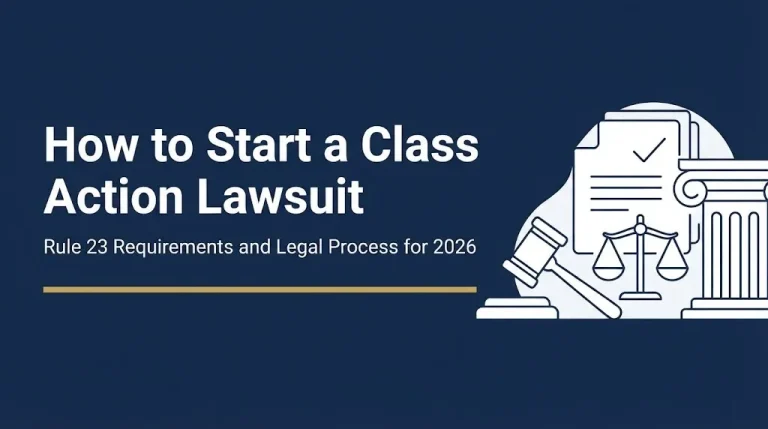 How to start a class action lawsuit banner with gavel and scales on navy background.