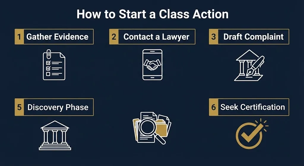 How to start a class action lawsuit infographic showing six steps from gathering evidence to certification.