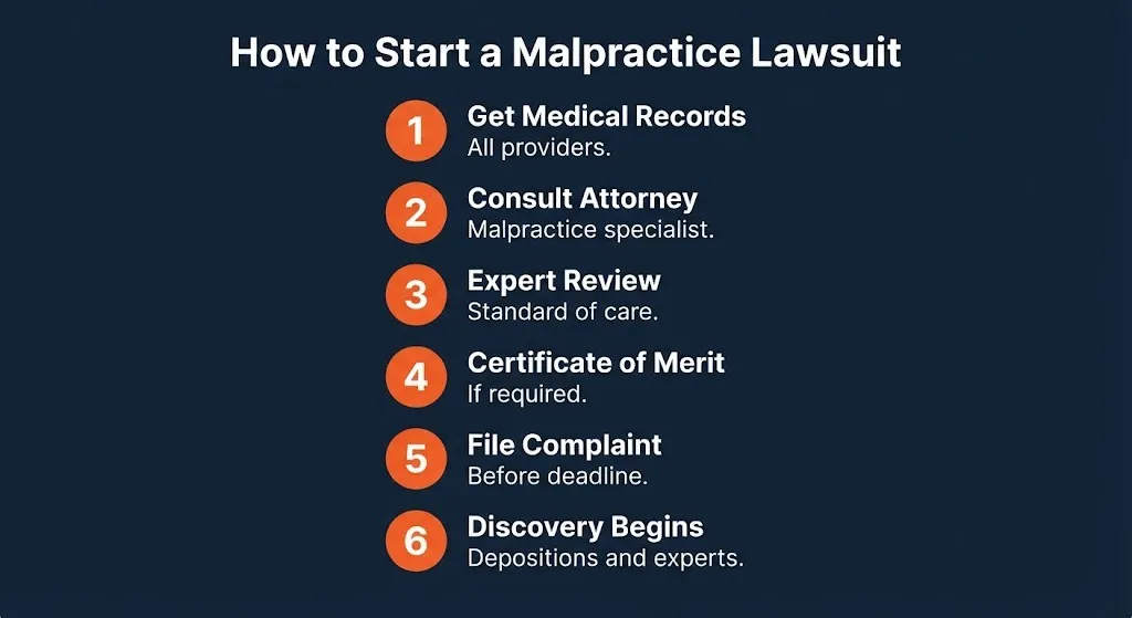 How to start a malpractice lawsuit graphic showing six steps from records to filing.