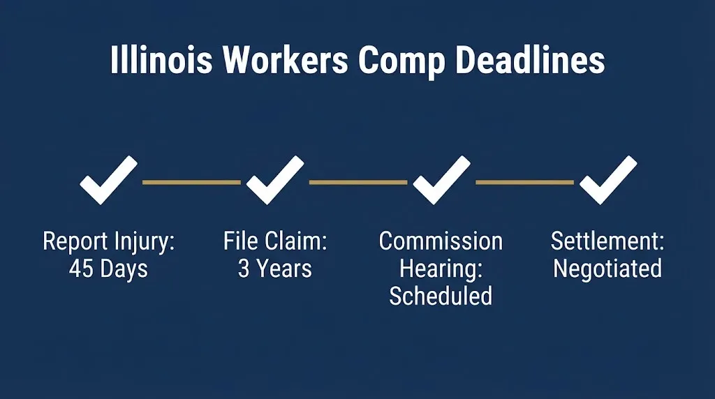 Illinois workers compensation deadlines showing 45 day reporting and 3 year filing requirements.