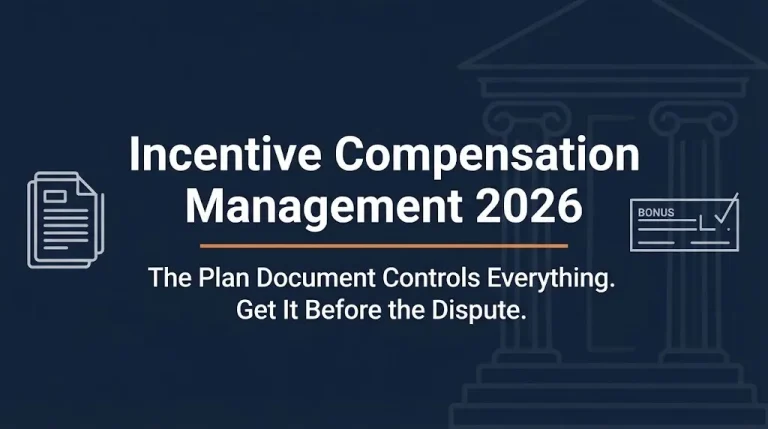 Incentive compensation management 2026 banner showing plan document control with bonus check and legal icons on navy background.