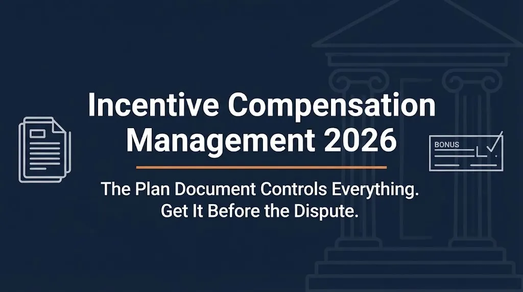 Incentive compensation management 2026 banner showing plan document control with bonus check and legal icons on navy background.