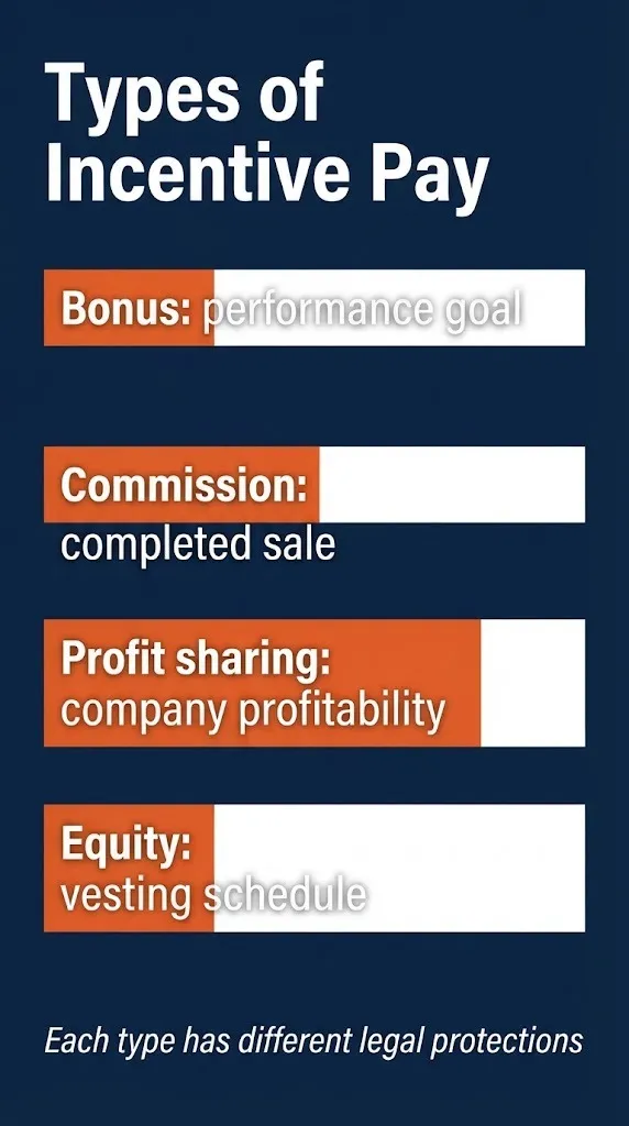 Incentive compensation types graphic showing bonus, commission, profit sharing, and equity categories.