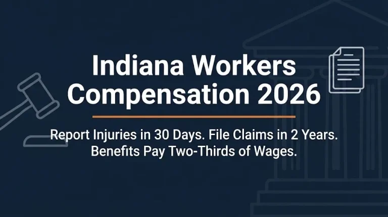 Indiana workers compensation 2026 banner showing reporting and filing deadlines with legal icons on navy background.