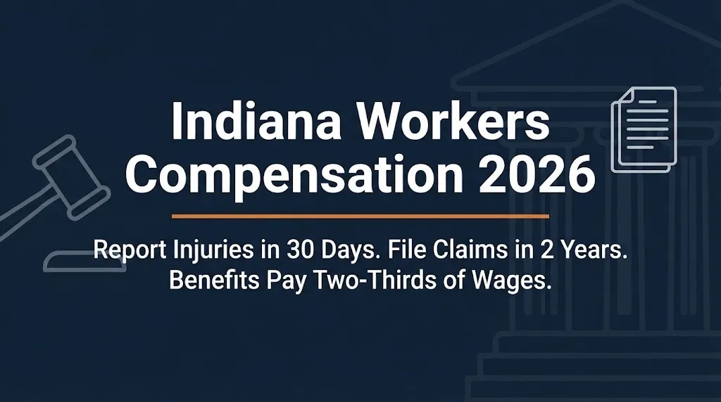 Indiana workers compensation 2026 banner showing reporting and filing deadlines with legal icons on navy background.