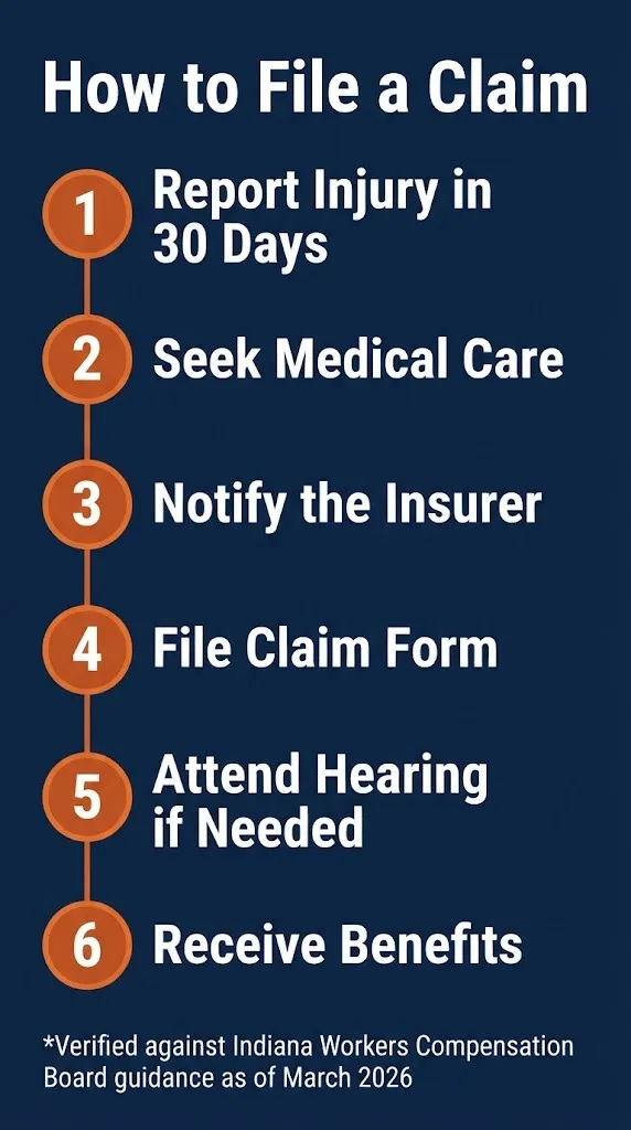 Indiana workers compensation claim steps showing reporting injury to receiving benefits through the Board process.