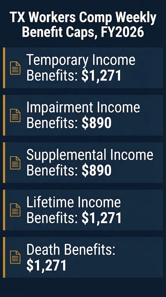 Infographic listing 2026 Texas workers compensation weekly benefit maximums by benefit type.