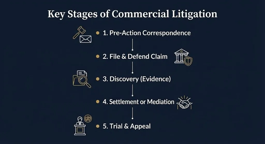 Infographic showing the key stages of commercial litigation, from pre-action correspondence to trial and appeal.