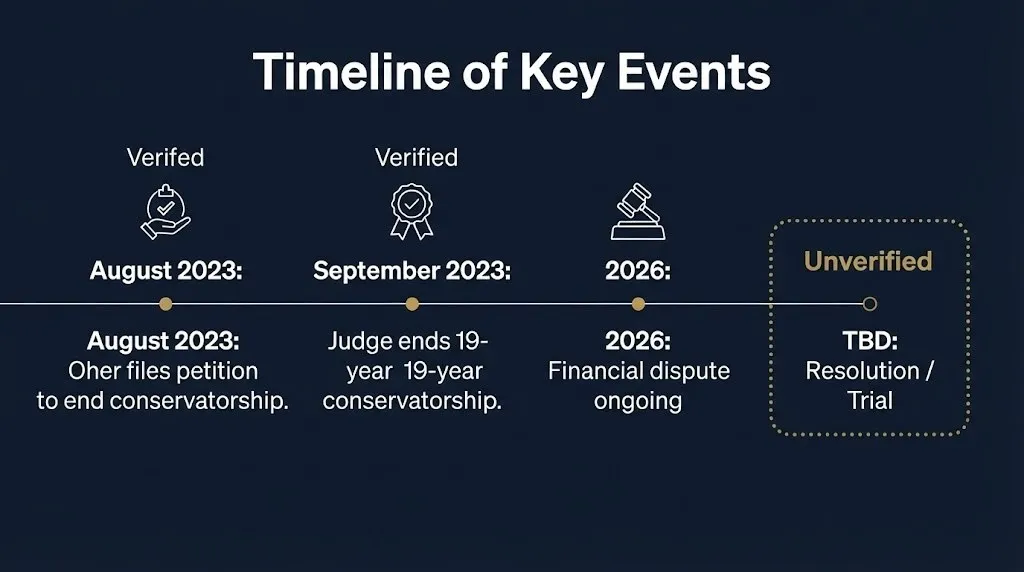 Infographic timeline of the Michael Oher lawsuit showing the 2023 filing, the 2023 conservatorship end, and 2026.