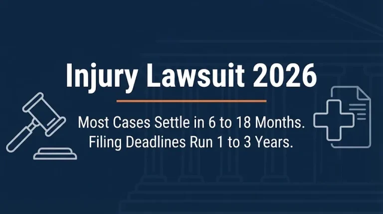Injury lawsuit 2026 banner showing settlement timeline and filing deadline with legal and medical icons on navy background.