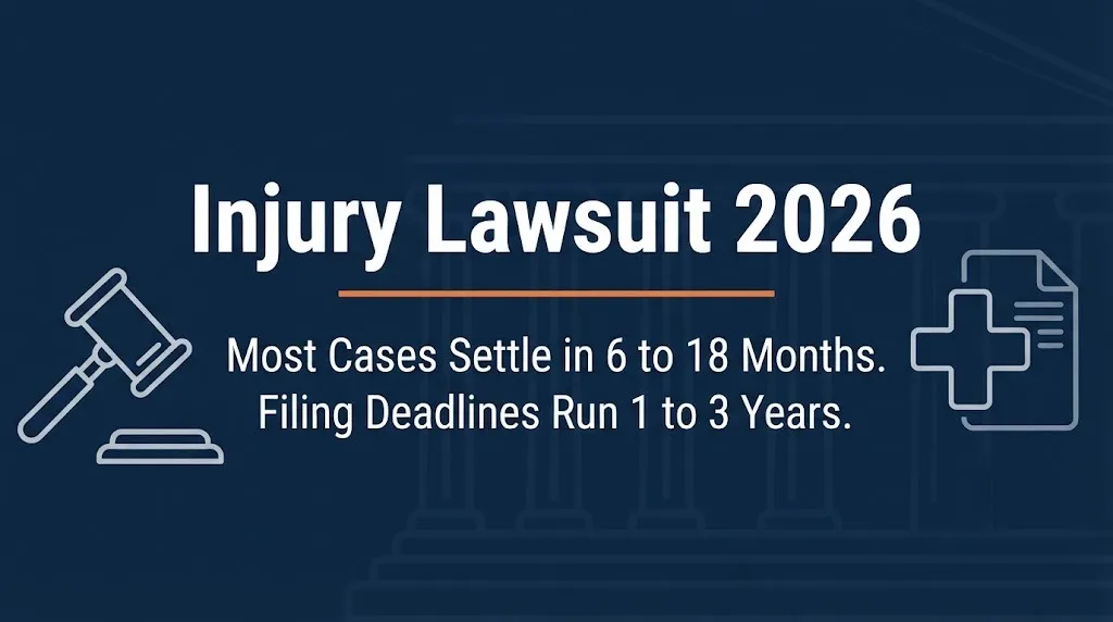 Injury lawsuit 2026 banner showing settlement timeline and filing deadline with legal and medical icons on navy background.