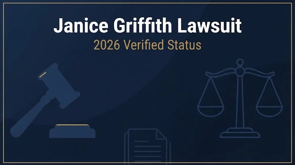Janice Griffith lawsuit 2026 status banner with legal symbols on navy background