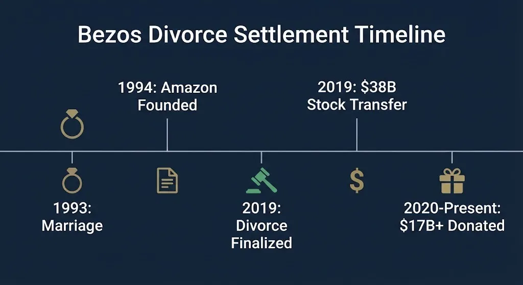 Jeff Bezos divorce settlement from marriage through finalization and subsequent charitable donations of over 17 billion dollars.