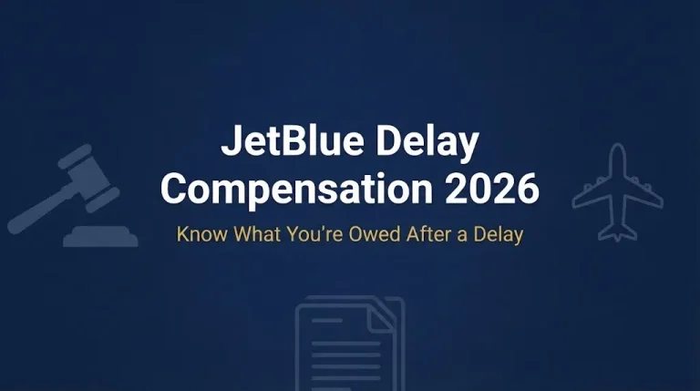 JetBlue delay compensation 2026 passenger rights banner with legal and travel symbols on navy background